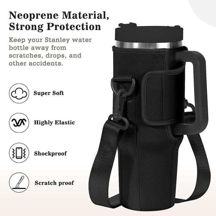 For 40oz Stanley Quencher Water Bottle Carrier Bag Sleeve With Adjustable Shoulder Strap Black